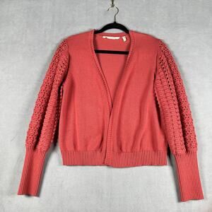 Soft Surroundings Cotton Cardigan in Coral with Chunky Pointelle Knit Sleeves XS